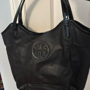 Tory Burch shoulder bag, black fabric and patent leather.  Excellent condition